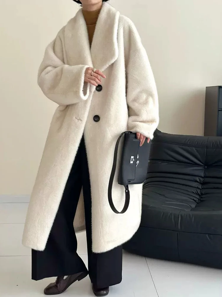 LANMREM Elegant Imitation Mink Coat For Women Lapel Single Breasted Solid Color Long Coats 2024 Winter New Clothing 2Z2628