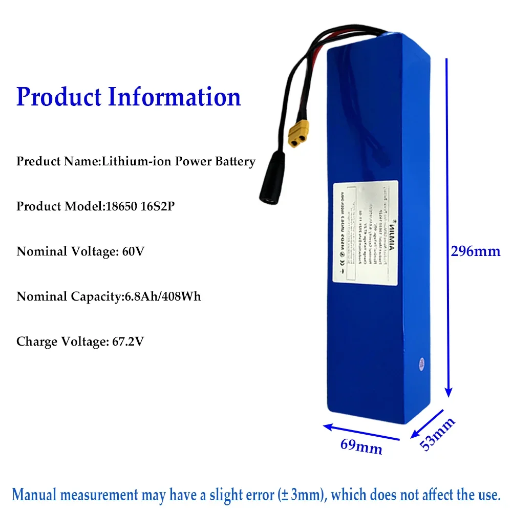 Rechargeable battery 16s2p 60V 408Wh battery pack with 6800mAh, suitable for various types of scooters and modified bicycles