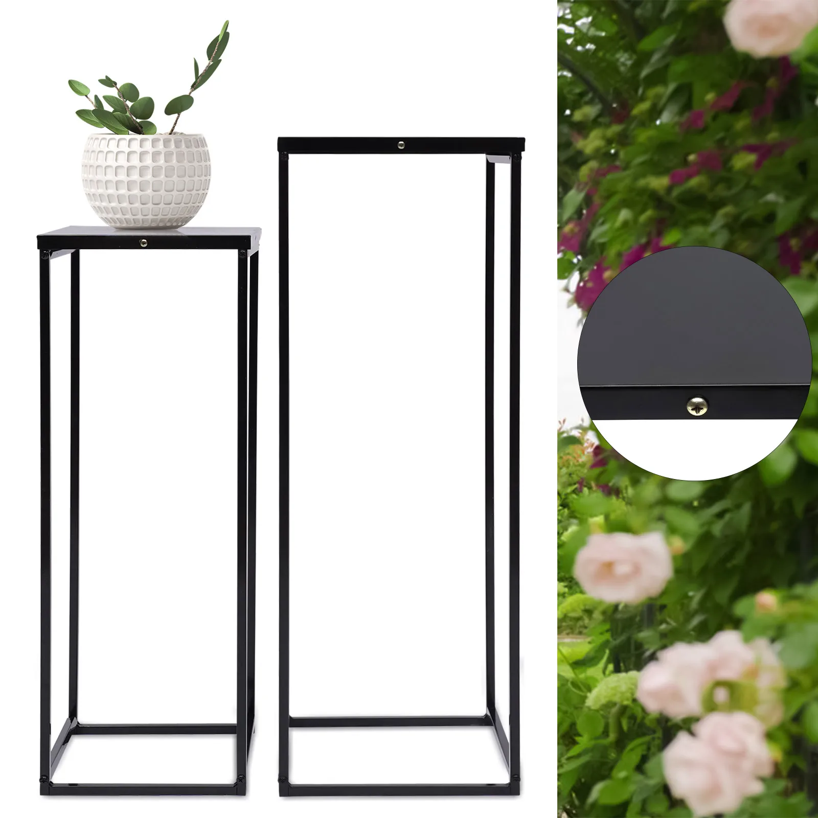 Black Set of 2 Metal Stand Plant Stand High Square Rack Flower Holder for Wedding Living Room Patio Garden