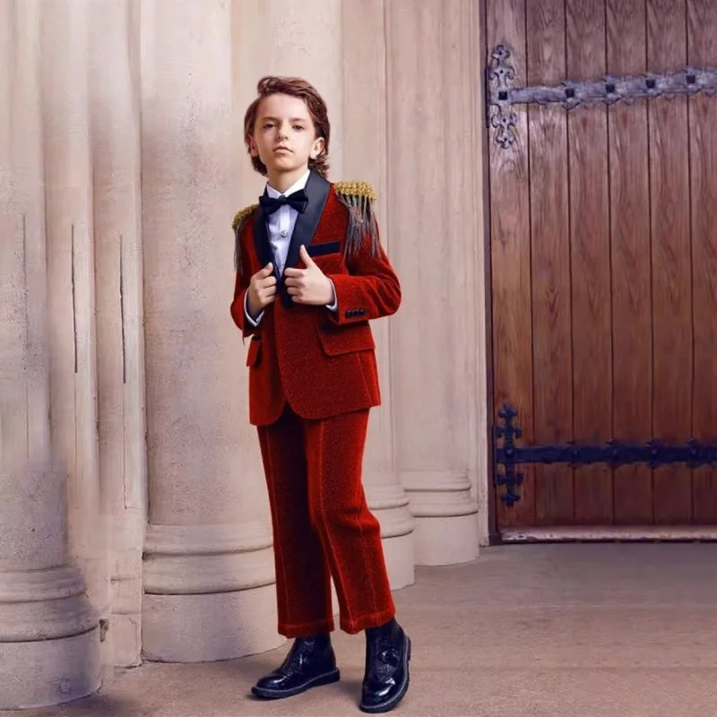 

Kids Red Shining Jacket Pants Bowtie 3Pieces Suit Set 1-11Years Boys Formal Wedding Birthday Party Piano Performance Costume