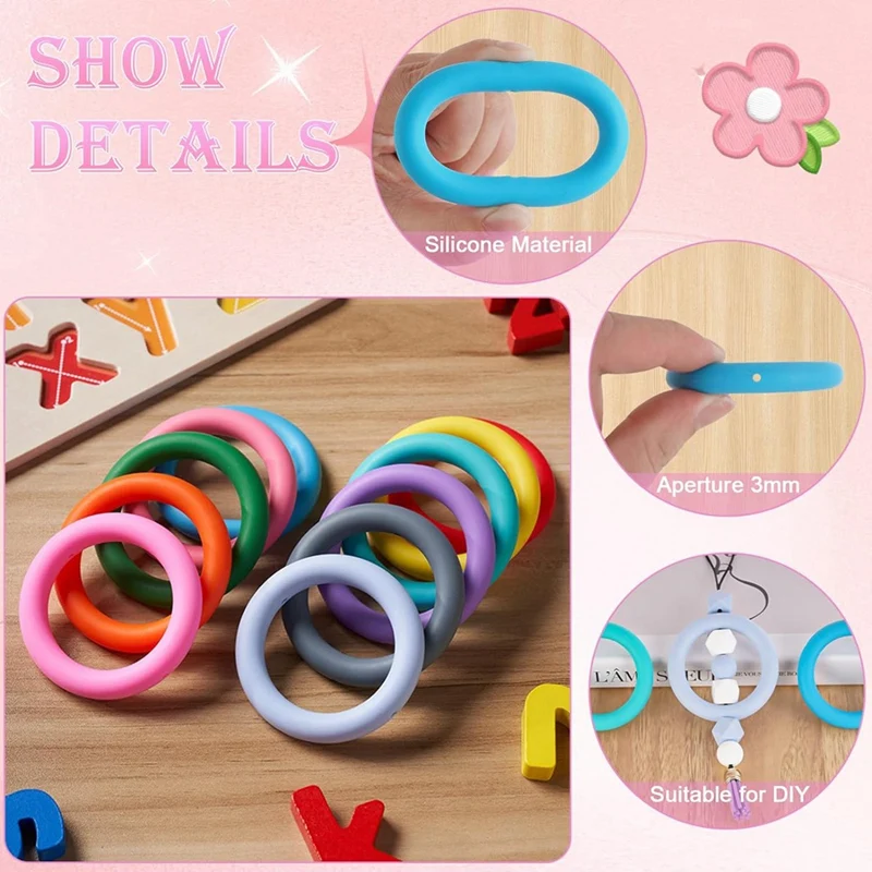 36 PCS Silicone Beaded O-Rings With Rope Hole, 65Mm Silicone Beads Bulk Rings For Keychain Making Easy To Use