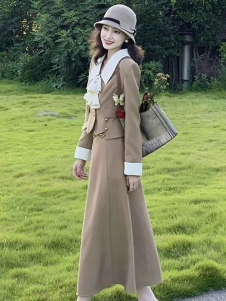 French Women Autumn 2 Pieces Set Elegant Long Sleeve Blazer Bow Top Casual A-line Midi Skirt 2023 Spring Solid Lady Clothes