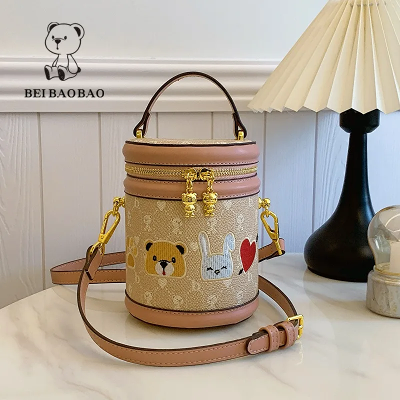 Beibaobao Little Bear Cylindrical Bag Fashionable Versatile Handbag Popular Single Shoulder Crossbody Bags for Women Trend 2024