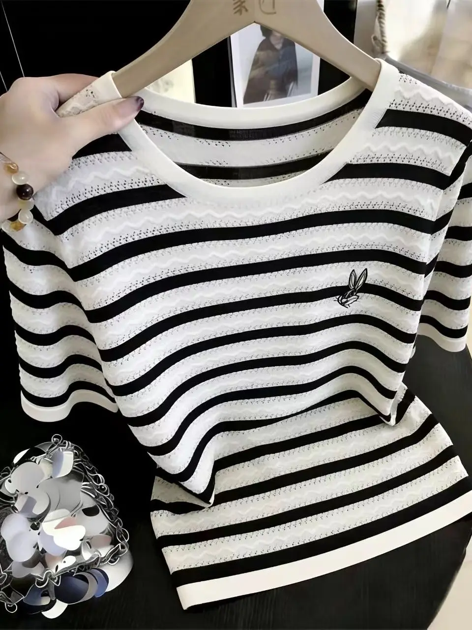 

plus Size Women's Striped Hollow Short Sleeve T-Shirt Summer Loose Slim round Neck Top Thin Korean Style Commute Fashion