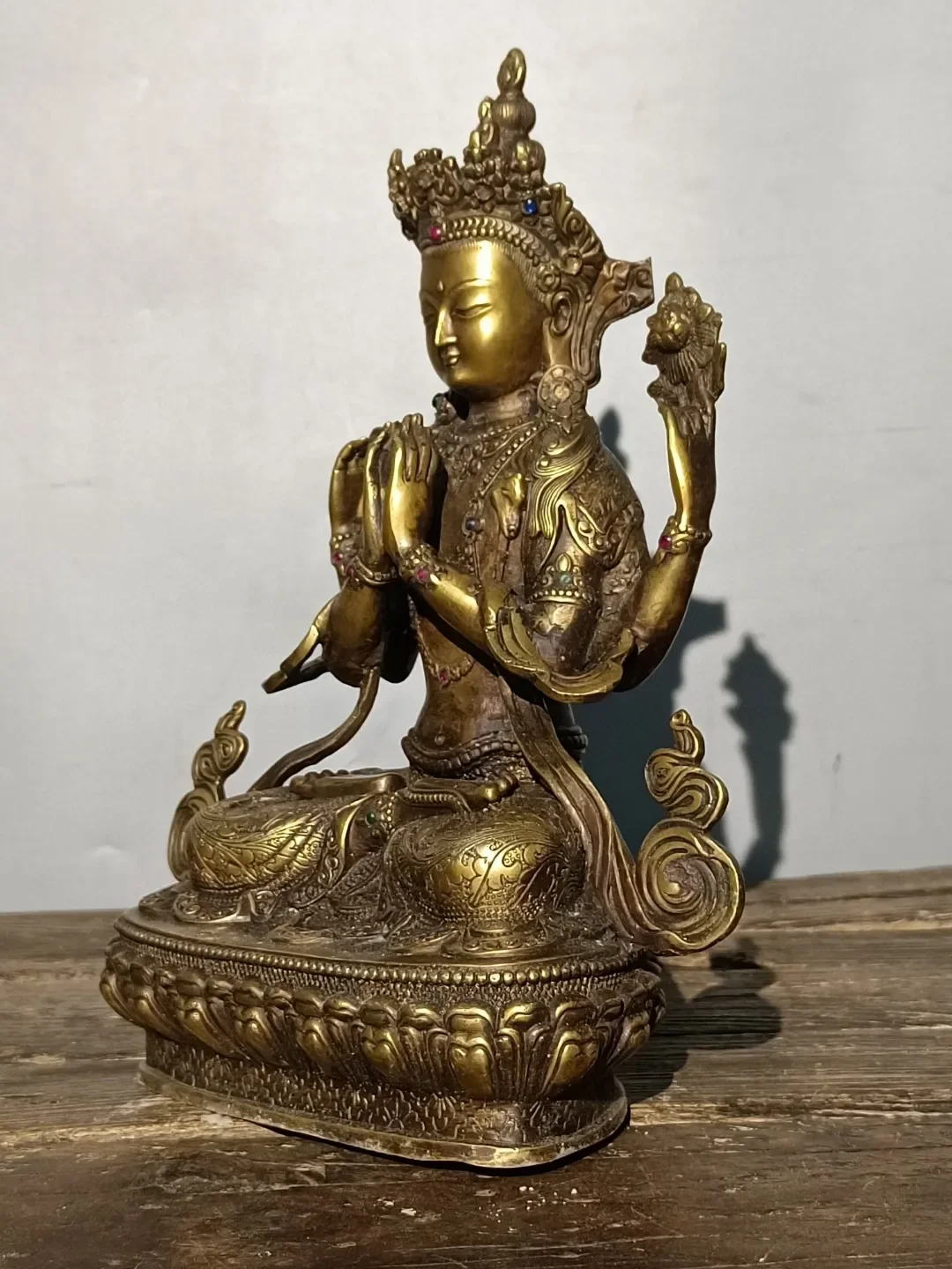 Tibetan Old Yellow Copper Pure Copper Inlaid Gemstone Four Arm Avalokitesvara Statue Decoration Home Buddhist Hall Supp