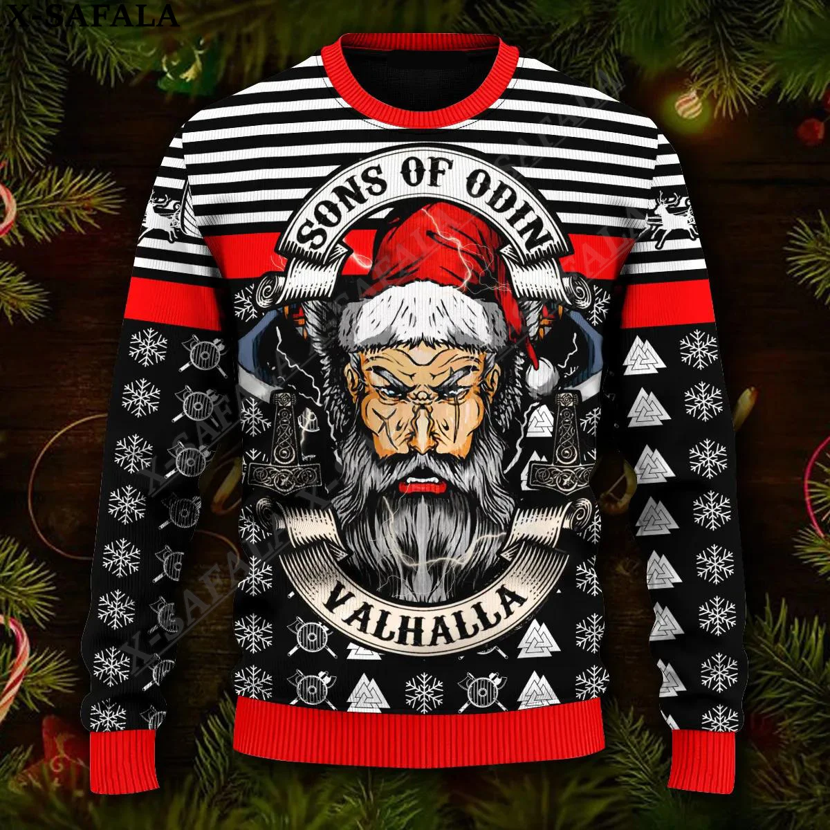 Fa La La Valhalla Viking Tattoo Ugly Christmas Knit Sweaters Funny Gift Jumpers Tops Couple Holiday Party Unisex Casual-10