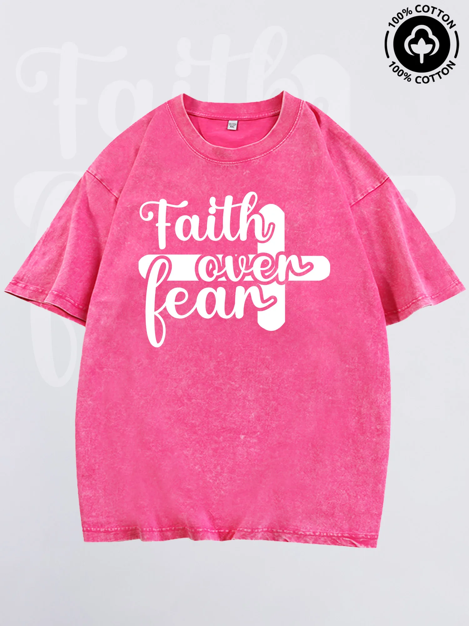 تي شيرت برسومات Faith Over Fear للرجال، تي شيرت وردي عتيق من القطن الخالص، تي شيرت خفيف الوزن بكتف منسدل #1