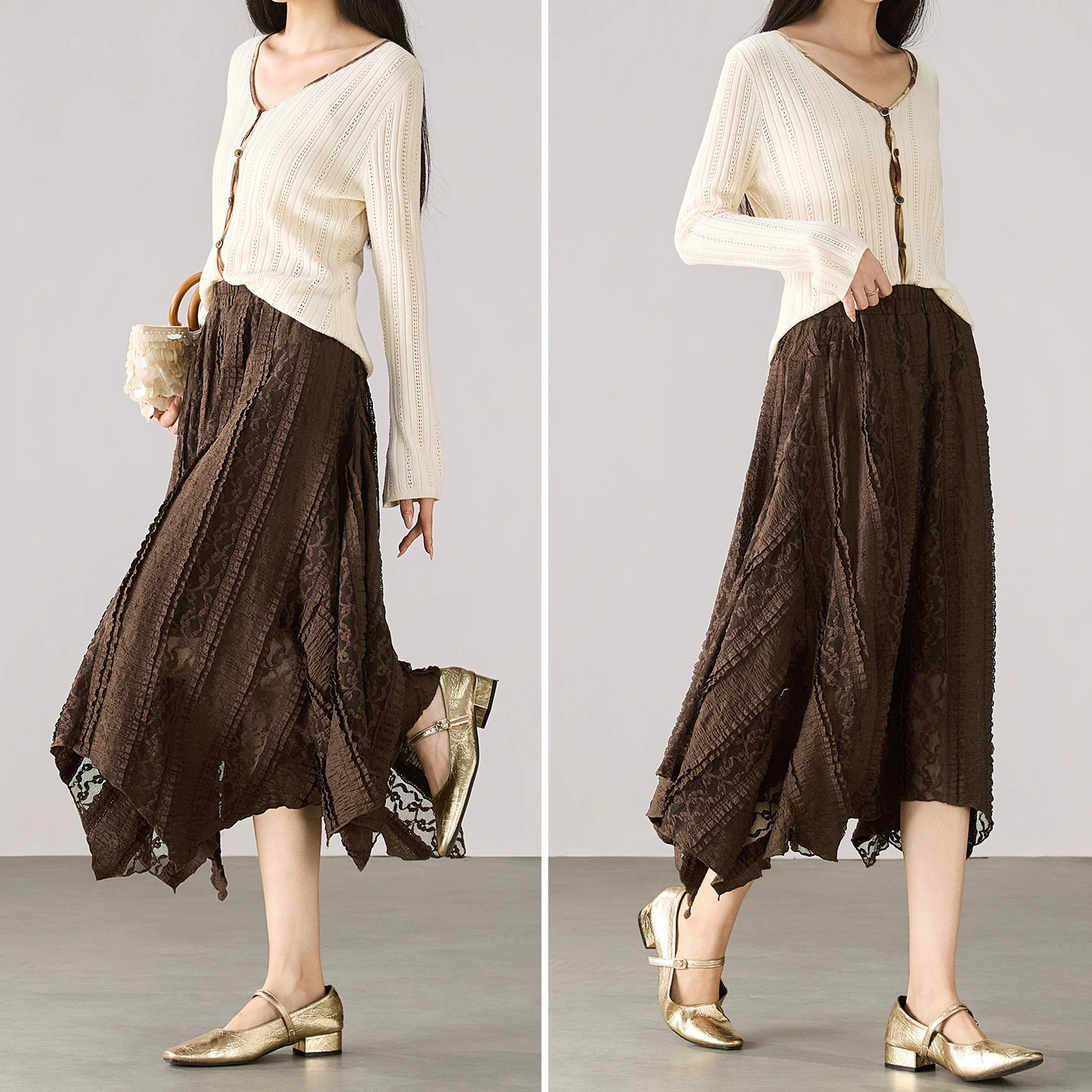 SENTUBILA Lace Spliced Pleated A‑Line Skirt Women 2026 Autumn Vintage Elegant Asymmetrical Hem Versatile Midi Skirt W63QB8337