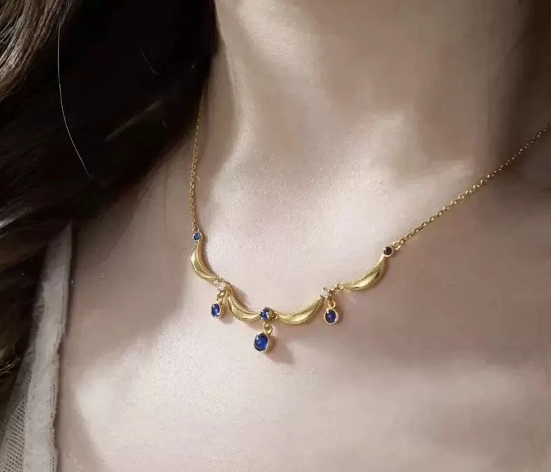 Victorian Style Vintage Blue Sapphire Charms Choker Blue Necklaces For Women Luxury Retro Famous Jewelry Replica Dropshipping