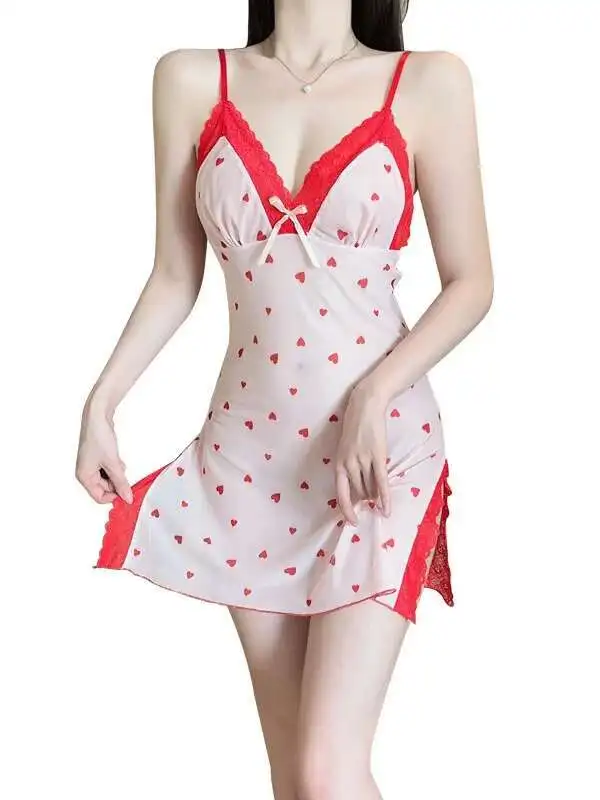 Rose หวานน่ารักพิมพ์ Nightdress Pure Desire เซ็กซี่ Sheer Lace ลึก V Low-Cut Nightgown ชุดหวาน Korena YJ84