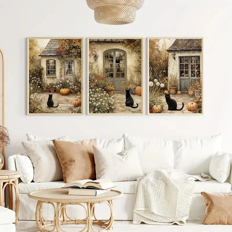 

3pcs/Set Black Cat Pumpkin Wall Art Retro Style Canvas Poster Autumn Halloween Painting Farmhouse Garden Home Decor Living Room