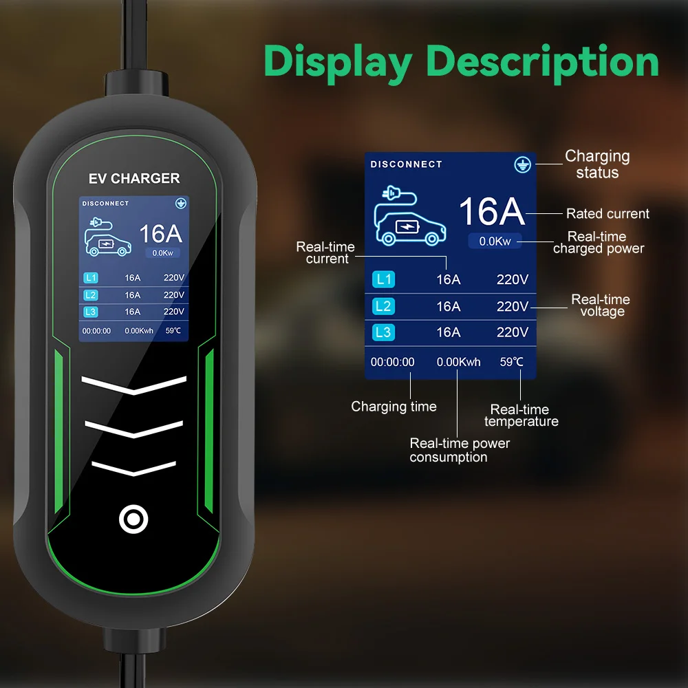IPENGEN 11KW Ładowarka EV Typu 2 Przenośna z Kablem 5M, Regulowany Prąd 8-16A, 16A 3-fazowa, Ładowanie Opóźnione, Skrzynka Ładująca EVSE, IEC 62196-2 — zdjęcie produktu 6