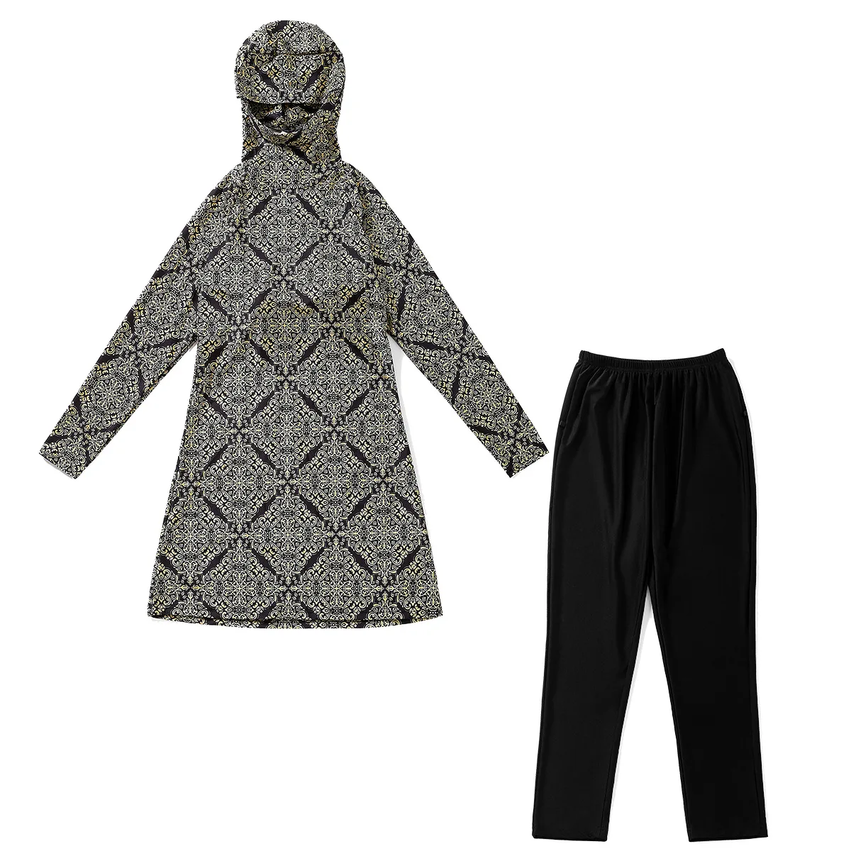 New Vintage Geometric Pattern High Neck Burkini Long Sleeve Tunic Pants UV Protection Muslim Modest Full Coverage Beach Swimwear