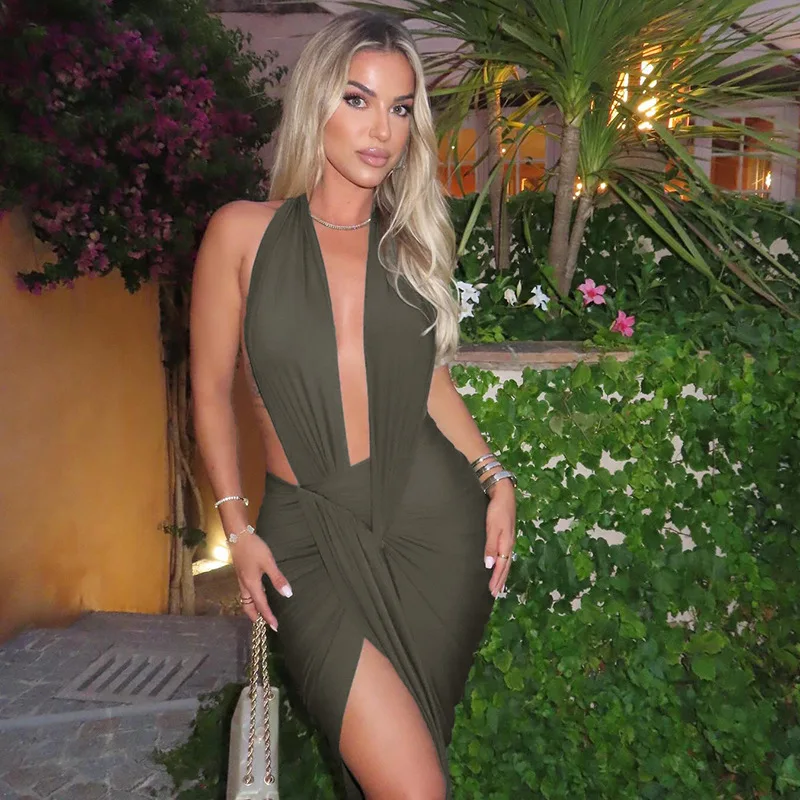 

Elegant Halter Backless Dress Women 2025 Autumn Deep V-Neck Sleeveless Slit Irregular Stretch Vestidos Party Clubwear