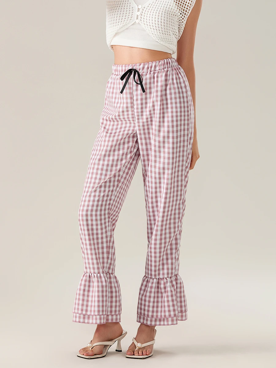 Women Plaid Flared Pants Tiered Ruffled Legs Bow Elastic Waistband Full Length Pull-On Trousers