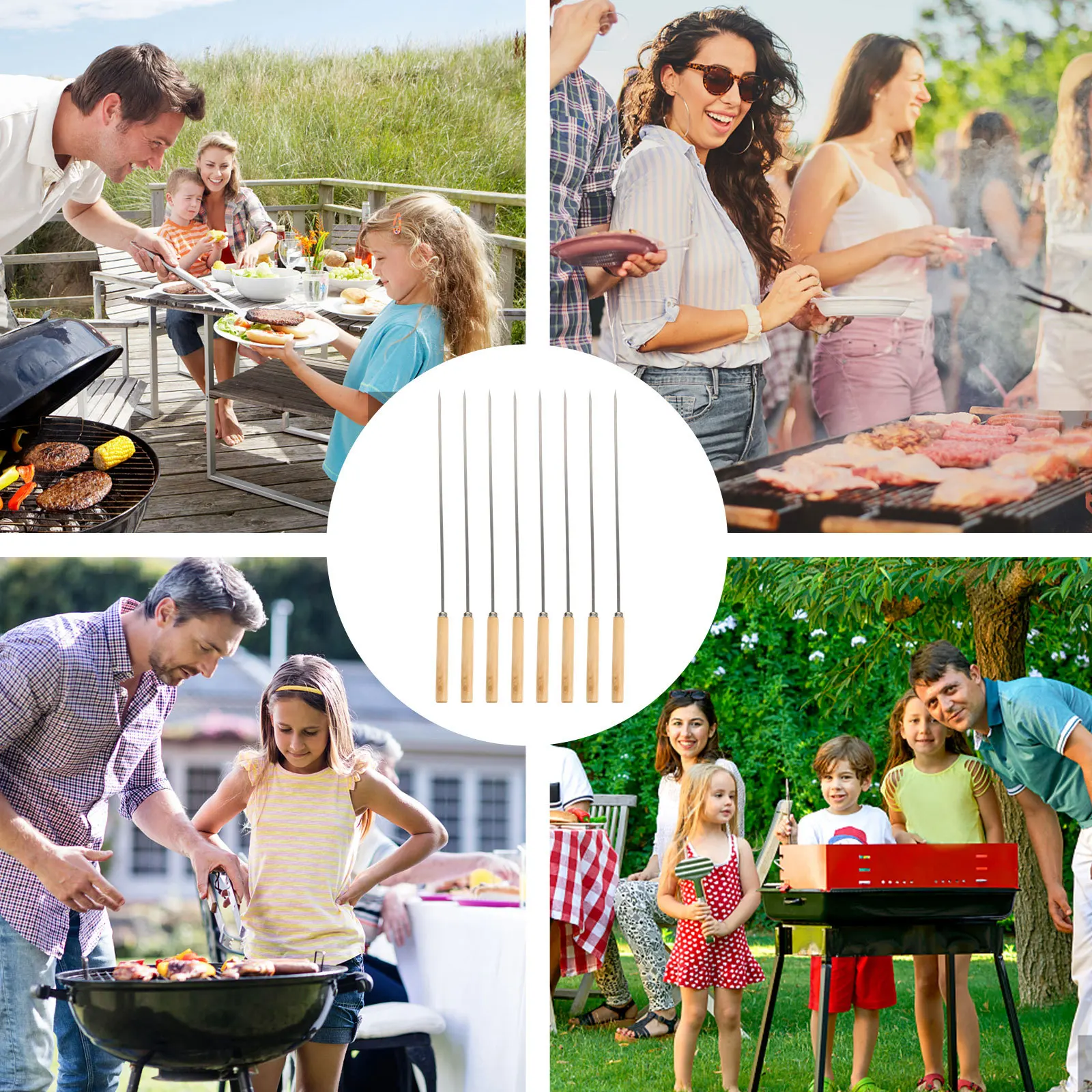 

10Pcs Stainless Steel Bbq Skewers Flat Kabob Wood Handle Skewer Sticks for Barbecue Grilling Meat Vegetables Camping