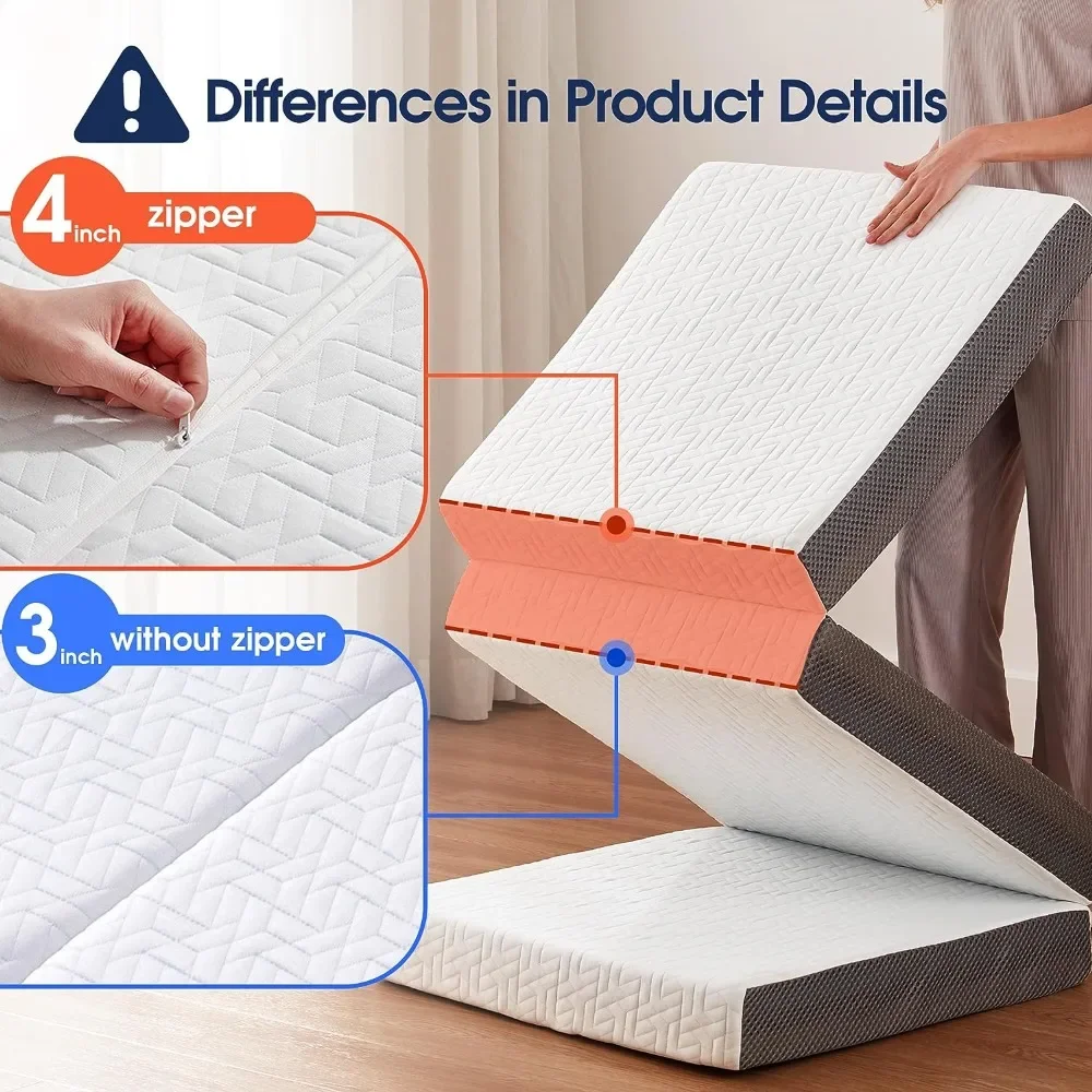 4 Inch Tri Folding Mattress with Storage Bag, Foldable Memory Foam Topper Portable Floor Guest Bed with Removable Bamboo Cover