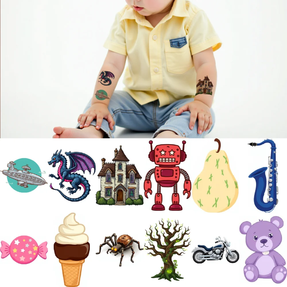 

54pcs Temporary Tattoo Colorful Candy Temporary Tattoo Stickers Sports Car Ice Cream Cones Cartoon Biplane For Children Girls