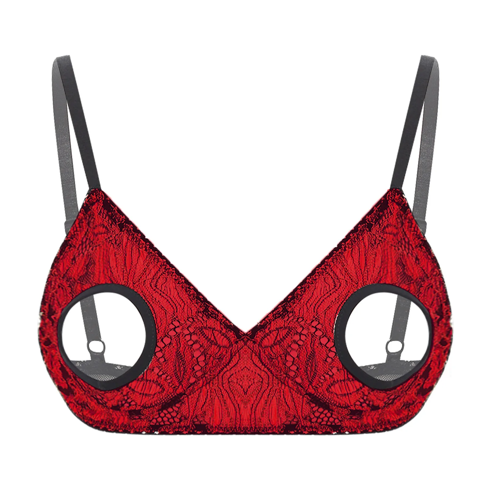 

Wet Look Hollow Out Cups Lace Lingerie Bra Brassiere for Women Sexy Adjustable Spaghetti Straps Cut Out Nipples Bra Underwear
