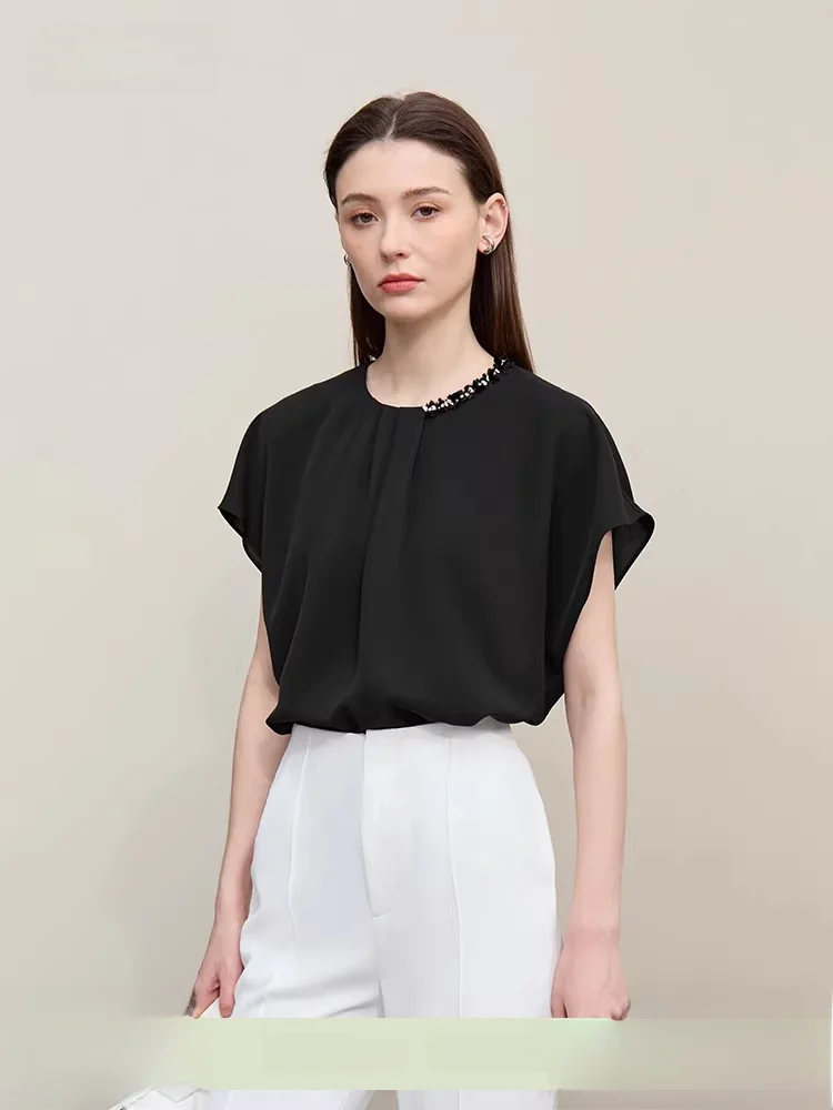 

Ele Commuter Sle round Ne Pleated Svel Chiffon Top Women Loose Upper Body Faionable Summer New Arrival