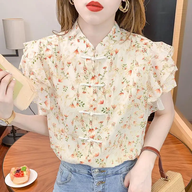 New Women's Fashionable and Elegant Printed Chiffon Shirt Top Buckle Floral Chiffon Small Fragrance Style