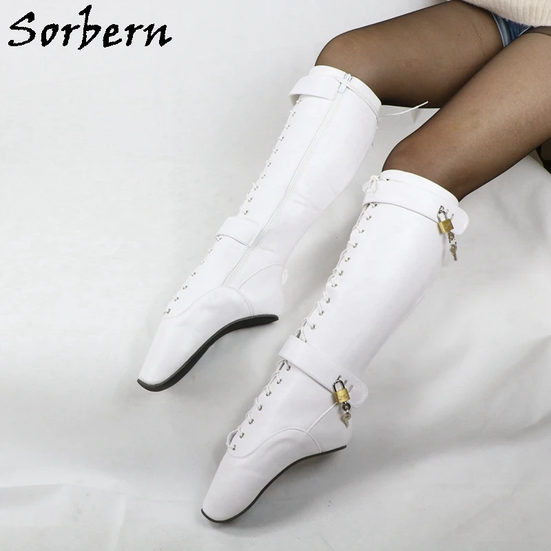 Sorbern Sexy Ballet Heelless Boots Women With Locks Keys Lace Up Front Custom Wide Fit Bdsm Fetish Shoe Lockable Zipper Heelless