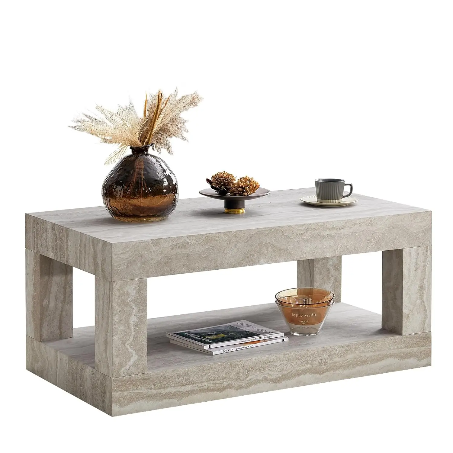 

2-Tier Coffee Table with Storage, 39.4" Mid Century Rectangular Center Table, Thick Tabletop Accent Table with Faux, Customized