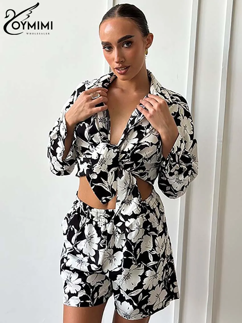 

Oymimi Casual Black Print 2 Piece Sets Women Outfit Elegant Lapel Long Sleeve Button Shirts And Mid Waist Pockets Shorts Sets