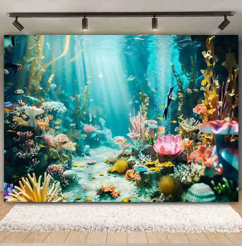 Under Sea Seabed World Photography Backdrop Underwater Marine Coral Seaweed Fishes Aquarium Baby Portrait Photo Background Props