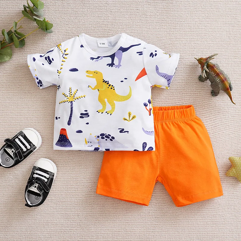 Newborn Clothing Cute Cartoon Animal Print Comfortable And Soft Boy/Girl Summer Short Sleeved Baby T-Shirt+Pants Two-Piece Set