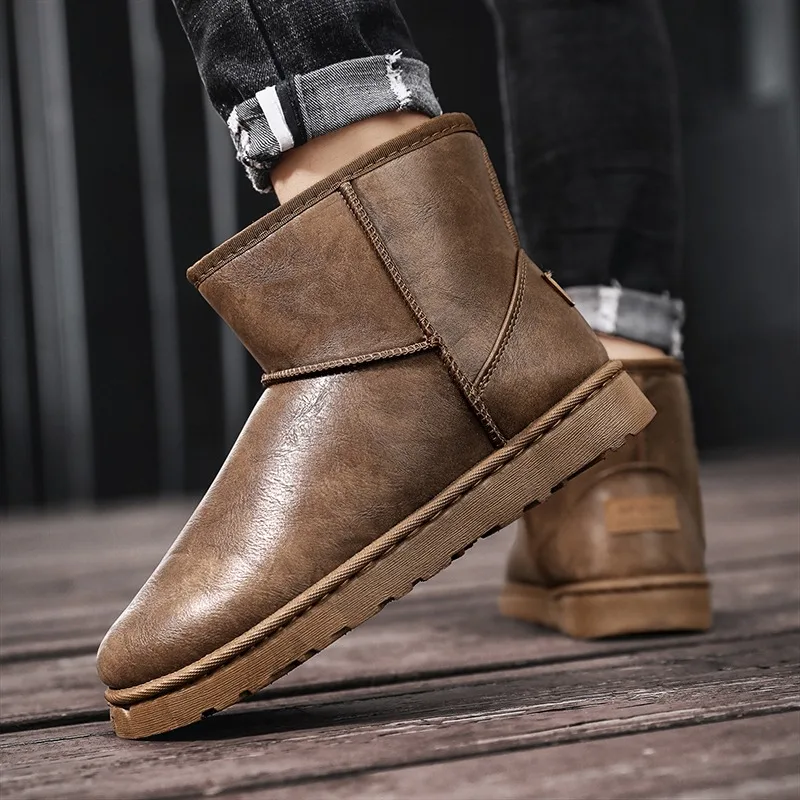 Mens Slip on Winter Cotton Boots Thick Plush Inner Wear Resistant Sole Lightweight Warm Casual Footwear for Cold Weather