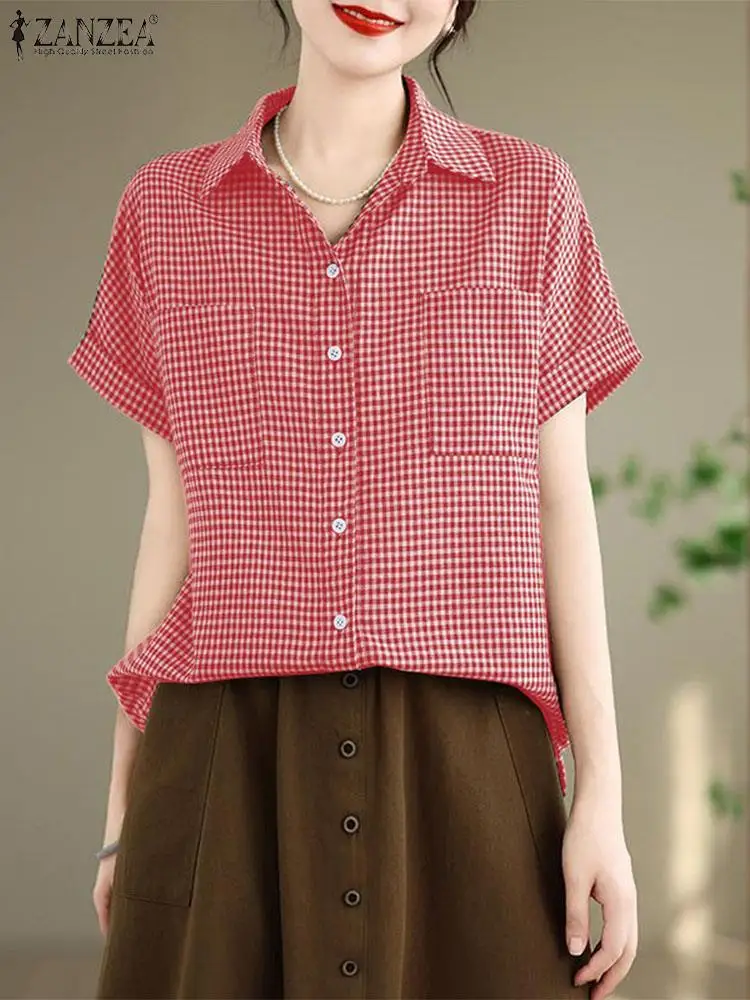 

ZANZEA Casual Turn-down Collar Camisas Loose Gingham Vintage Women Blouses Rounden Hem Fashion Short Sleeve 2024 Summer Shirts