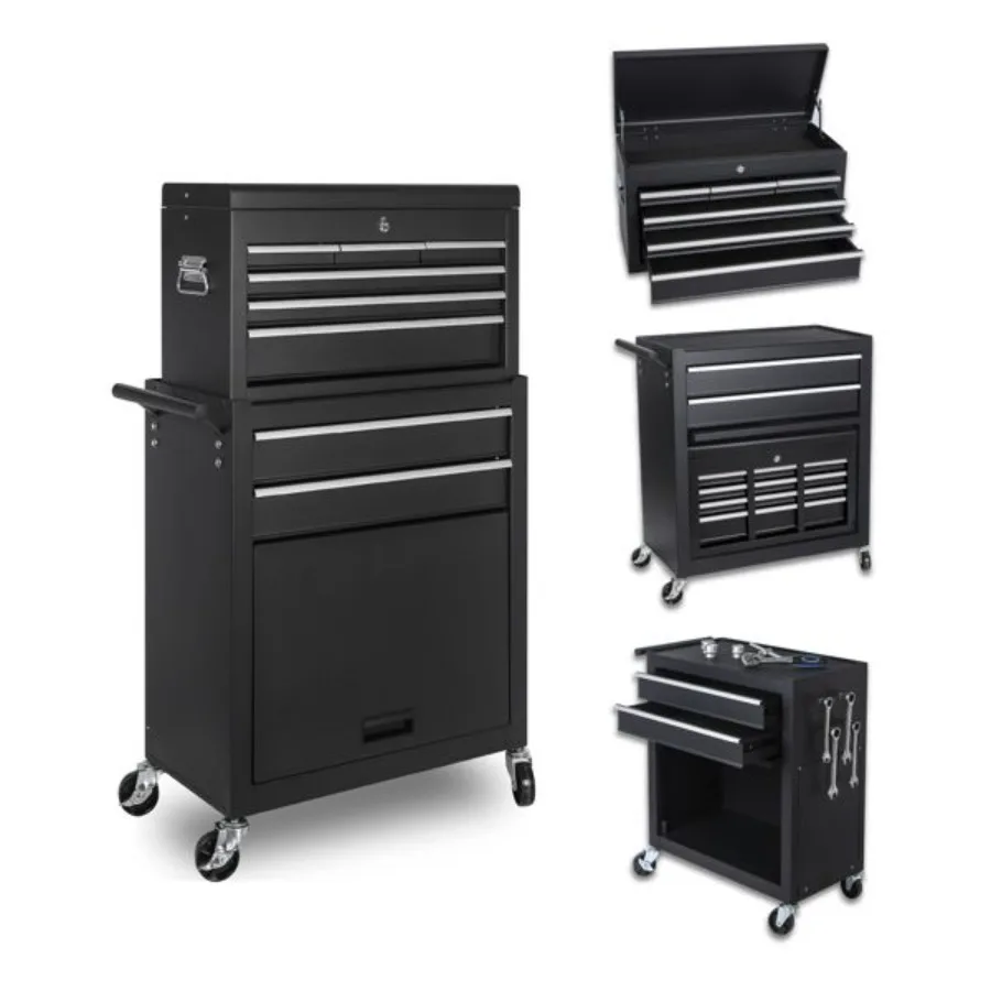 

Tool Chest 8Drawer Rolling Tool Storage Cabinet with 2 in 1 Detachable Top Tool Box Liner Lockable Wheels Side Hooks Locking Me