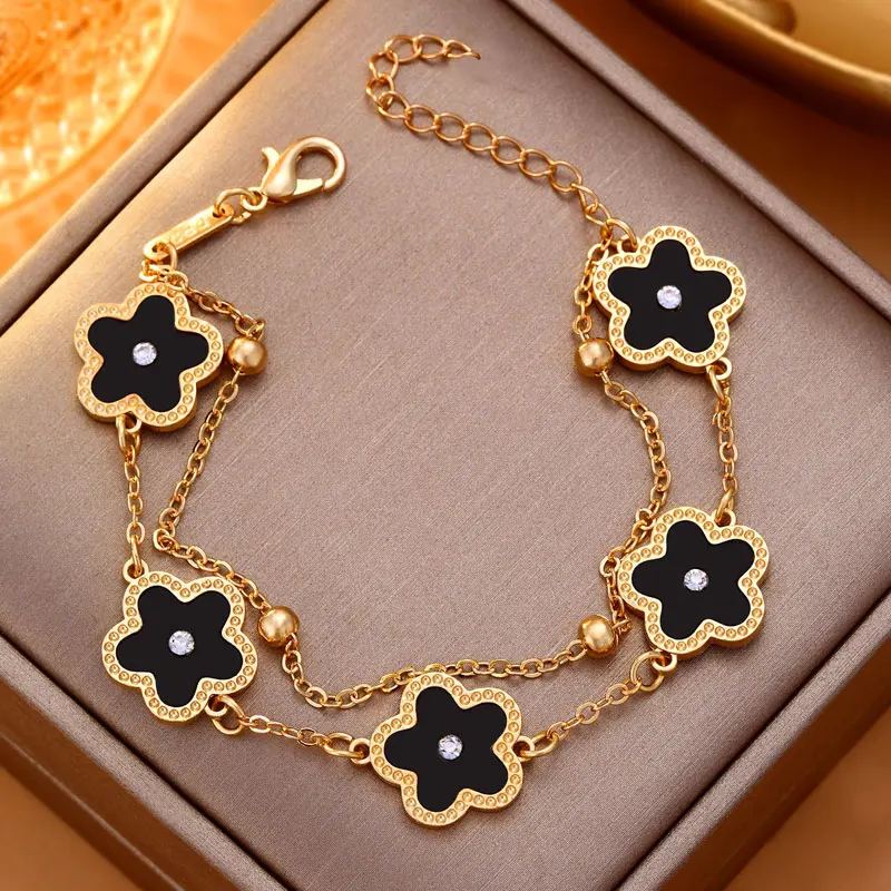 New Trendy Five Leaf Clover Flower Charm Bracelet for Women Layered Link Chain Lucky 4 Clovers Bracelets Fashion Wrist Jewelry