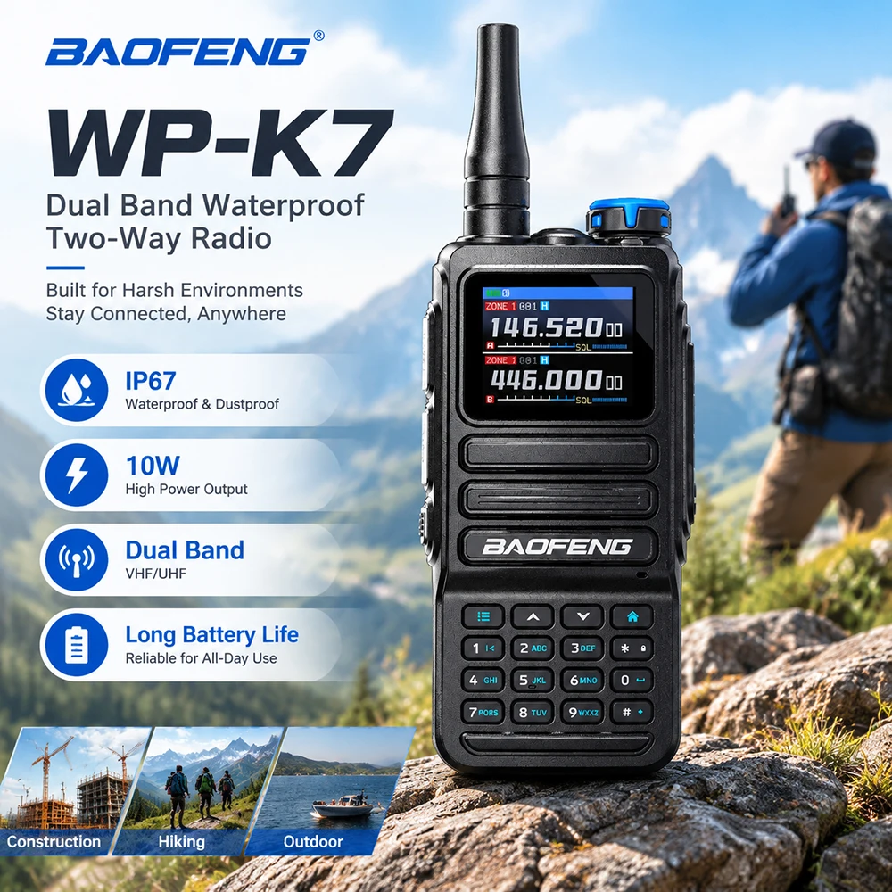 WP-K7 10W IP67 Waterproof Walkie Talkie Dual Band VHF UHF Air Band 1000CH APP Wireless Program Two-Way Radio