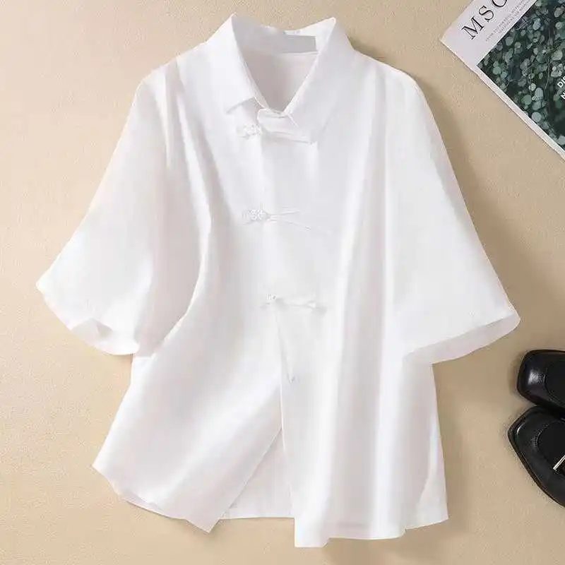 

New Chinese Sle Women's Summer irt Retro Large Size ort Sve Collar Bla Slimming Versatile Fitted Office Wear