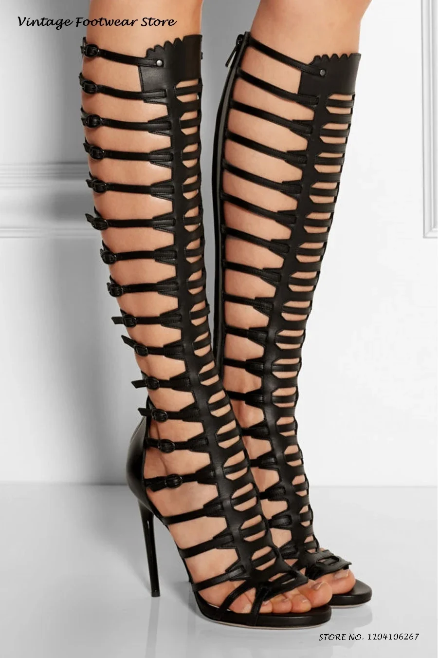 Knee-high Leather Gladiator Sandals Summer Round Open Toe Thin Heels Shoes Women's Belt Buckles Buckle Zipper Trending Stilettos