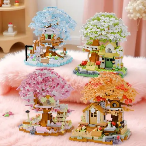600+ PCS Four-Color Cherry Blossom Treehouse Building Blocks Toy, Bedroom and Studyroom Assembly Display, Holiday Gift (No Box)