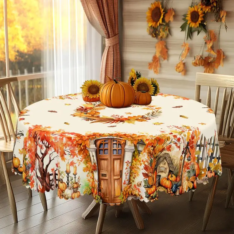 Gnizama حصاد الخريف عيد الشكر اليقطين مابل ليف عباد الشمس مفرش المائدة المستديرة/المستطيلة، ديكور المطاعم والنزهة،