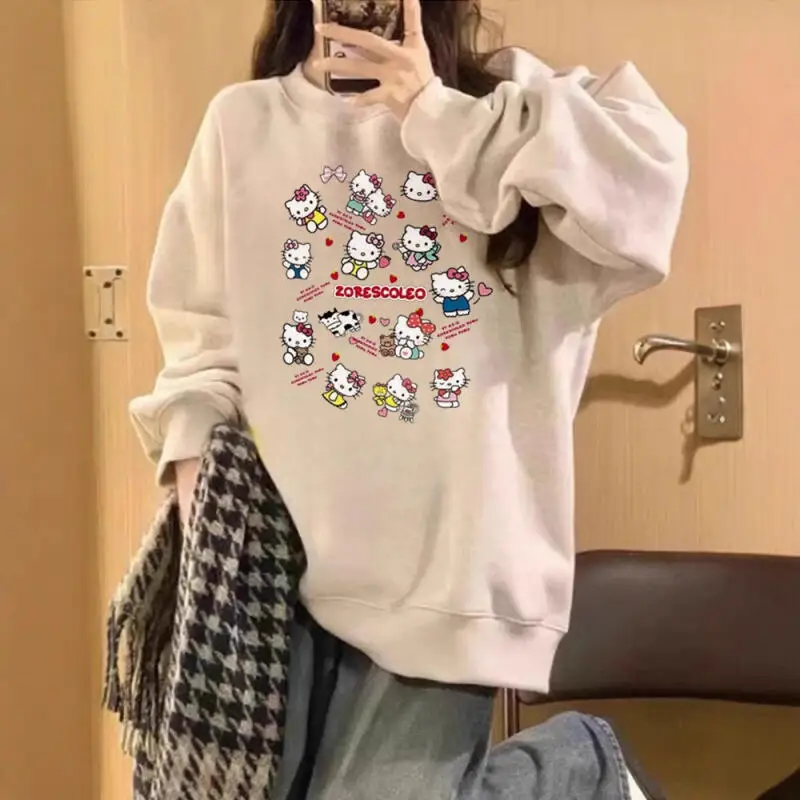 Kawaii مرحبا كيتي الطازجة لطيف النمط الأمريكي الرجعية ربيع الخريف كلية كل مباراة إضافة المخملية هوديي طويلة الأكمام تي شيرت فتاة