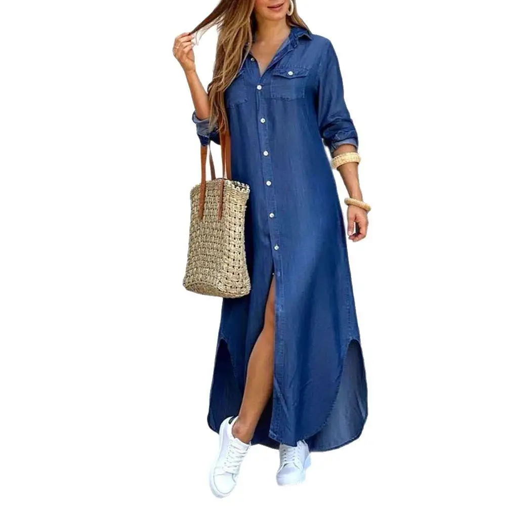 Women's Denim Long Sve irt Dr Skirt Set Loose Waist Polyester Fabric Commute Sle Basic Model Home And Busin Use
