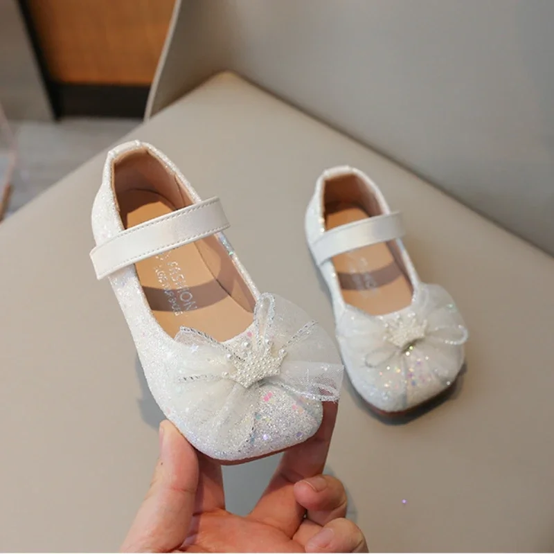 New Sweet Princess Shoes for Girls Glitter Lace Bowknot Children\'s Leather Shoes Fashion Sequins Elegant Kids Flats Single Shoes