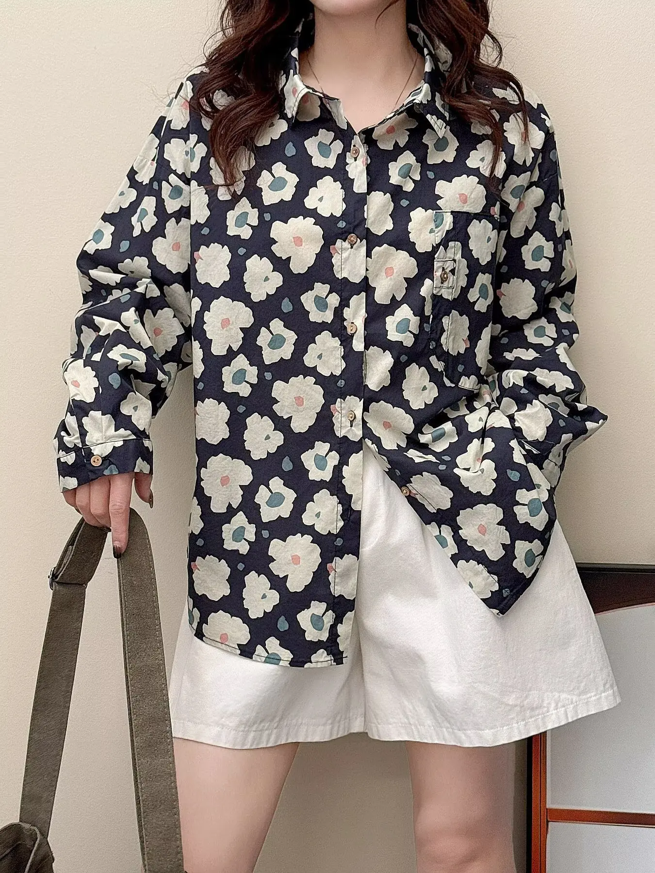 

100% Cotton woman clothing plus size harajuku fashion navy blue flowered shirts short sleeve blouses Hawaiian shirt