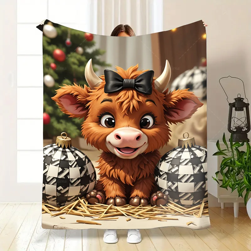 1 قطعة بطانية الفانيلا لطيف المرتفعات البقرة مع القوس مشهد عيد الميلاد بطانية الصوف الناعمة