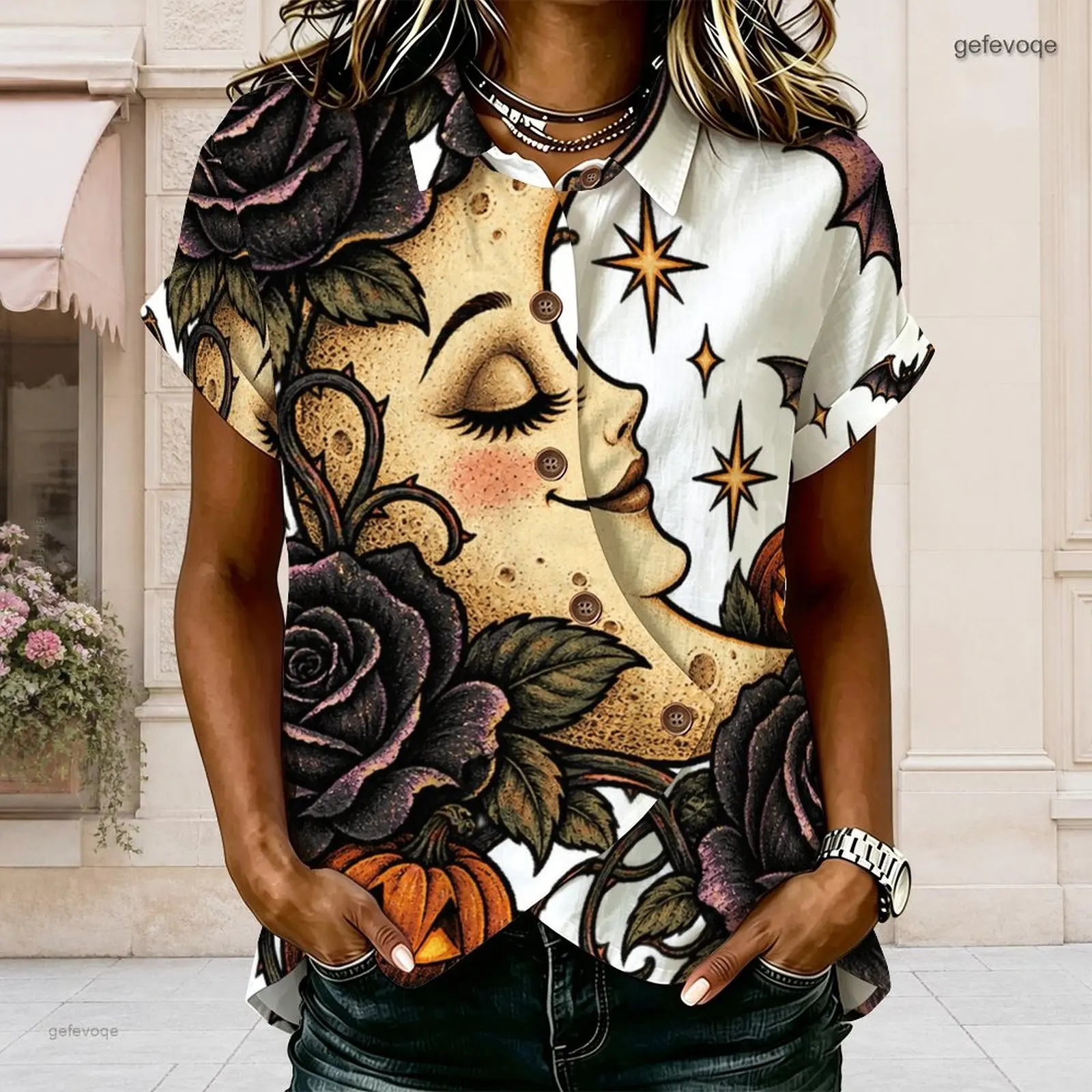 Women Shirt with Print Collared Neck Short Sleeve Button Front Cross Hem