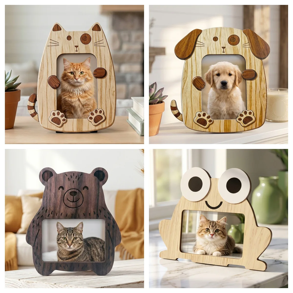 Animal Shaped Wooden Picture Frame, Cute Cat Dog Desk Decor Photo Frame, Commemorative Gift for Pet & Animal Lovers