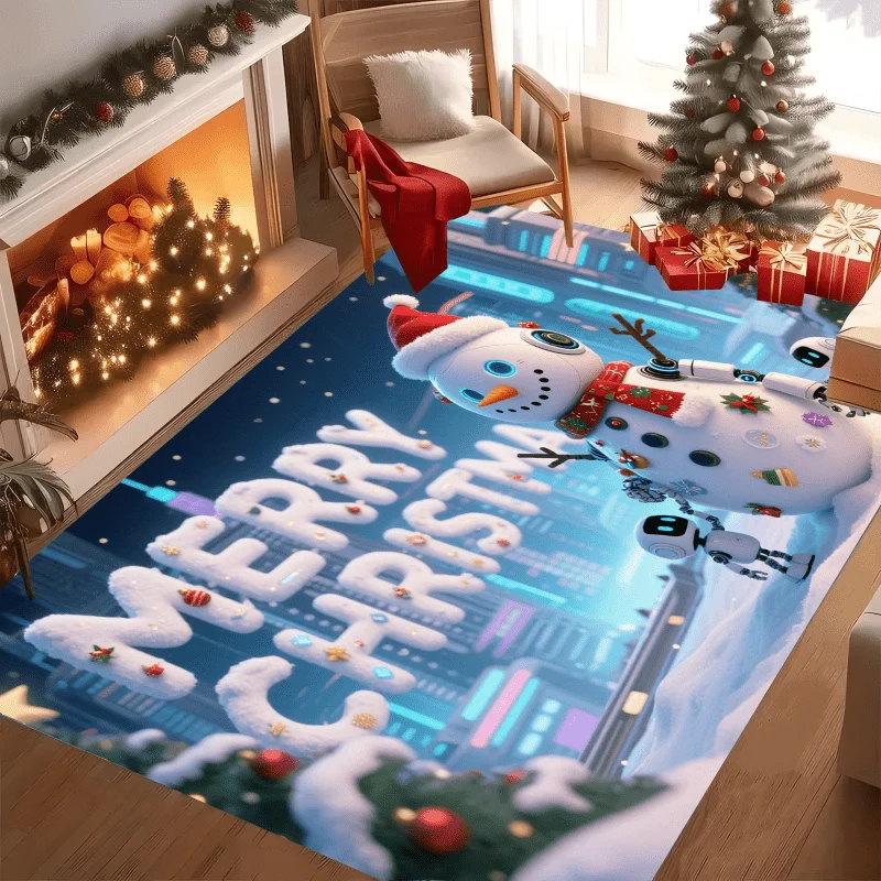 Cyber Neon Christmas Area Rug Futuristic Gingerbread Town Light Effect Print Large Floor Mat Festive Holiday Home Decor Carpet