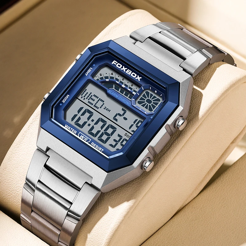 FOXBOX LED Display Mens Watch Fashion Sport Digital Watches Men Casual Waterproof Stainless Steel Quartz Wristwatch Reloj Hombre