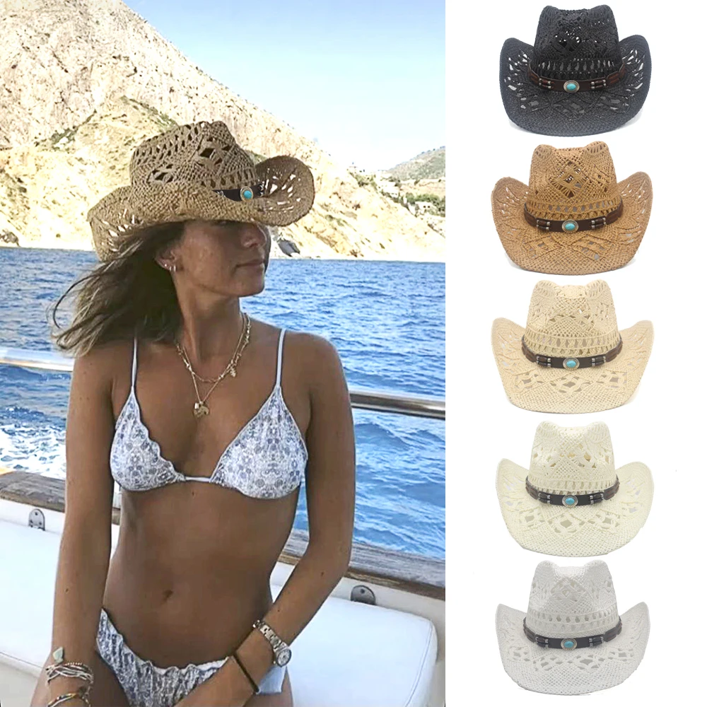 

Men Women Straw Western Cowboy Hats Wide Brim Sunhat Summer Caps Sombrero Travel Sunbonnet Street Style Beach Size US 7 1/4 UK L