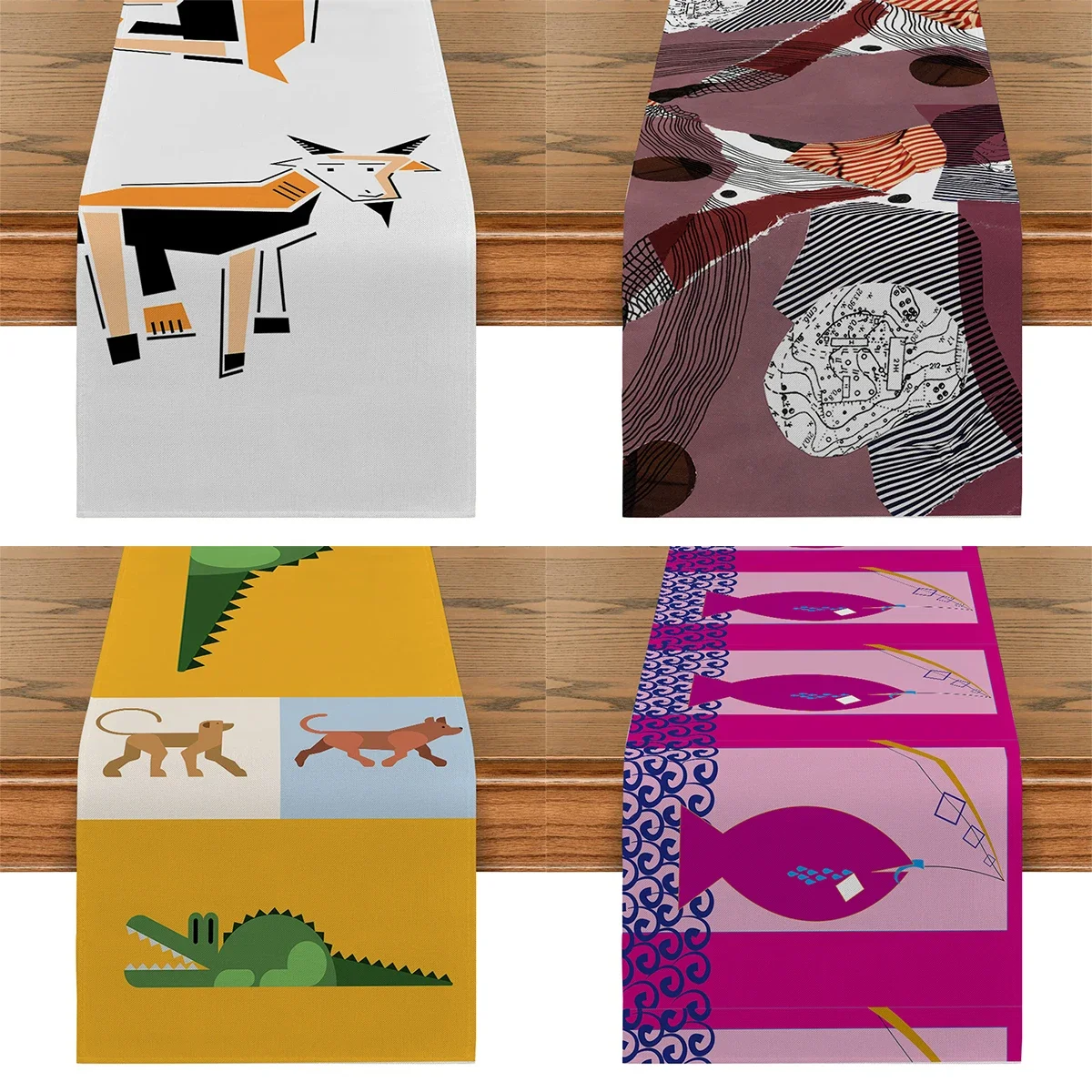 Abstract Geometric Animal Table Flag Cartoon Alligator Table Runner Family Kitchen Living Room Holiday Party Tables Decoration